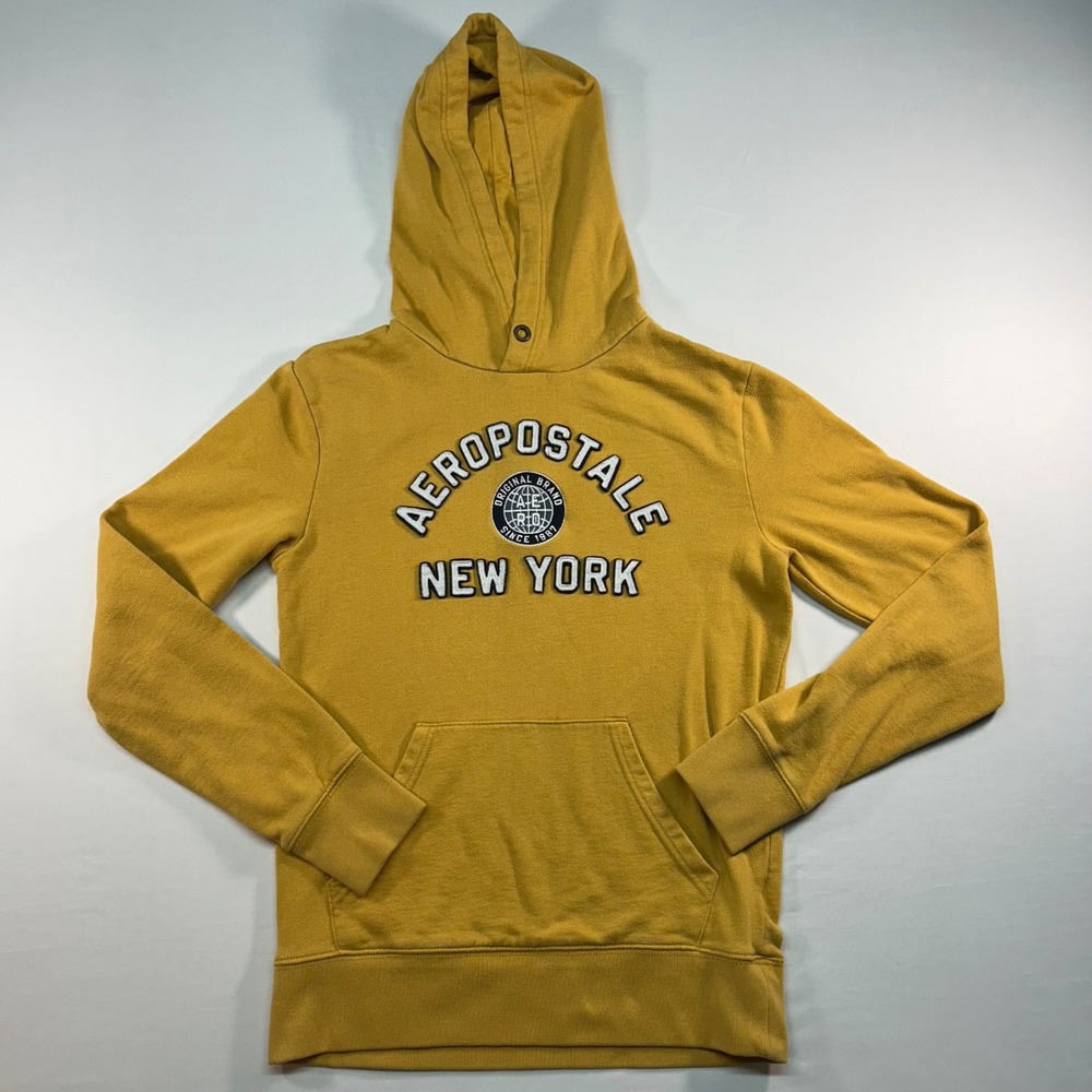 Aeropostale New York Graphic Hoodie Mustard Yellow Mens XS Pullover Sweatshirt